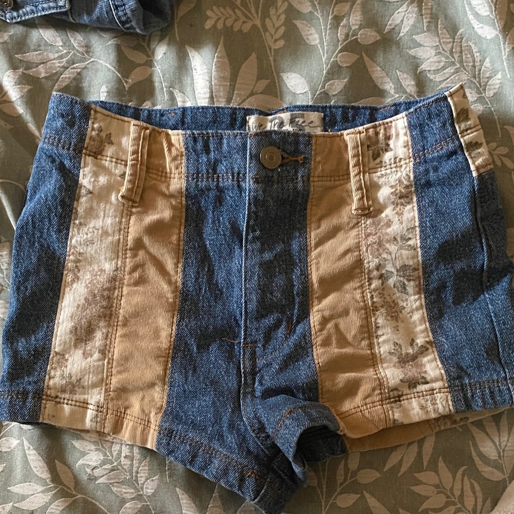 We The Free Blue and Tan Patchwork High-Rise Denim Shorts